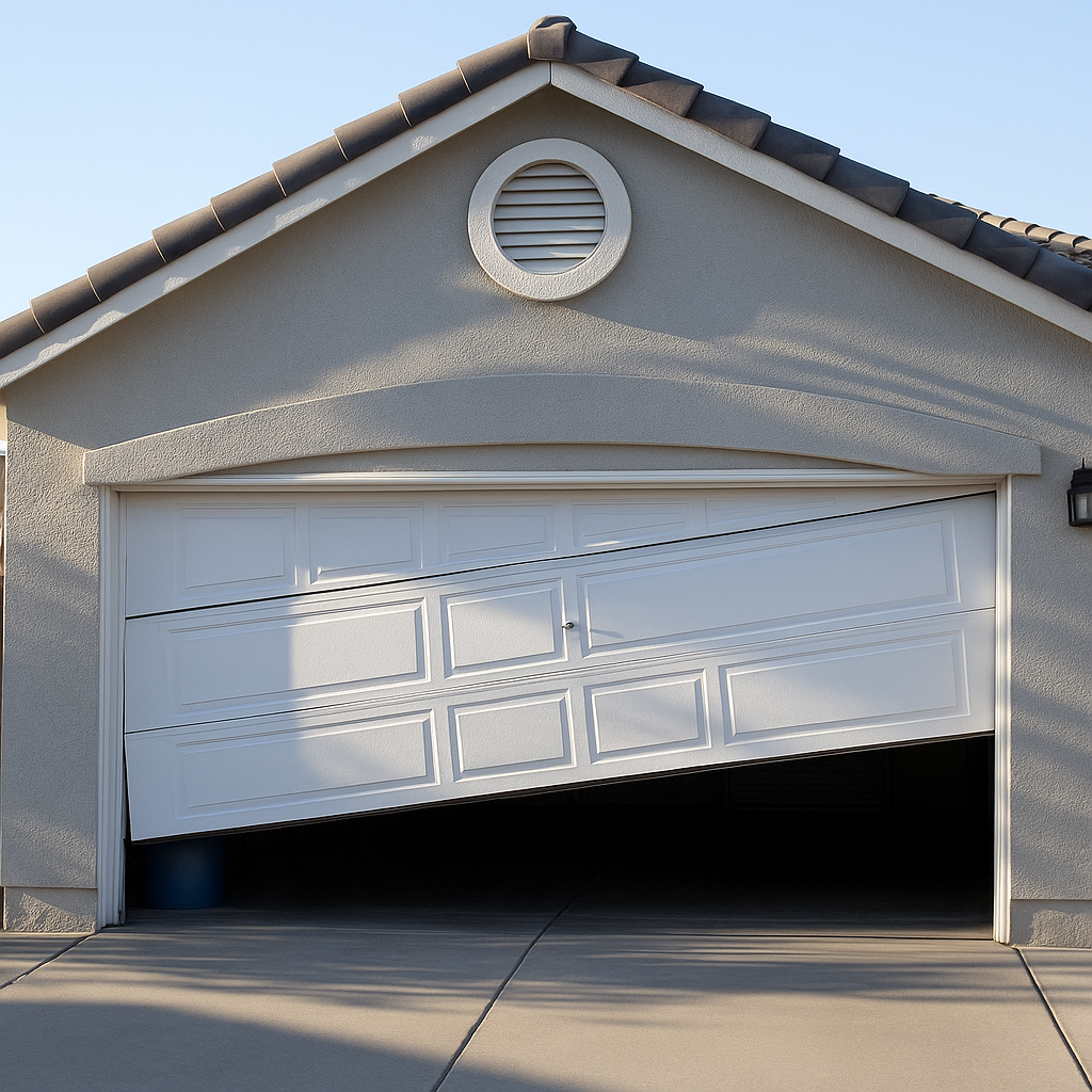 Garage door off tracks in Huffman, TX showing misaligned rollers and damaged track