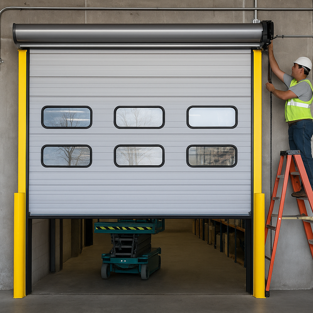 Technician installing heavy-duty industrial garage door in Spring Texas