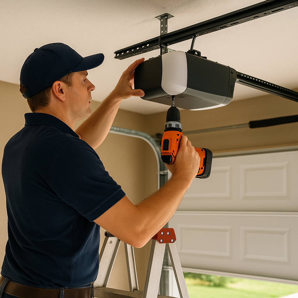 Technician installing a garage door opener system in Spring TX