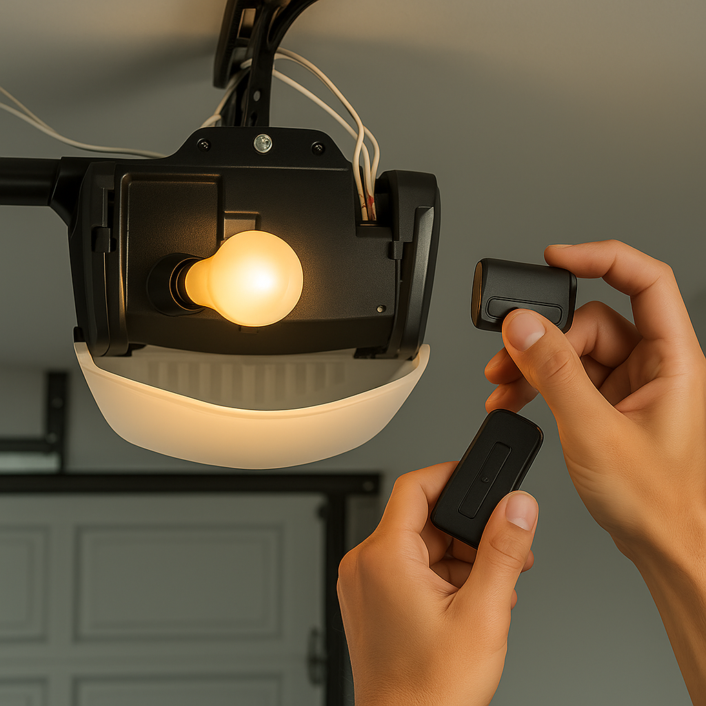 Technician programming a remote garage door opener in Spring TX