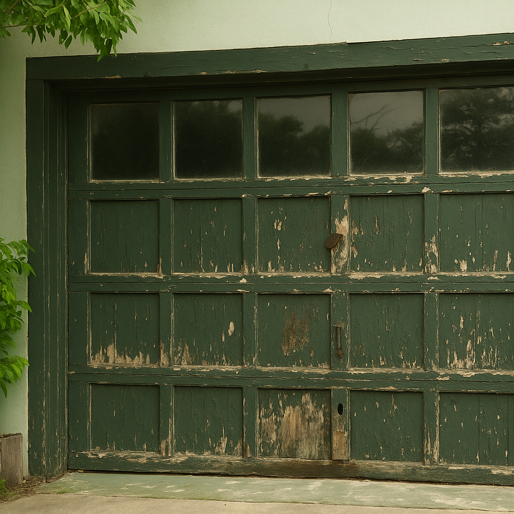 Weather-damaged residential garage door in Spring Texas