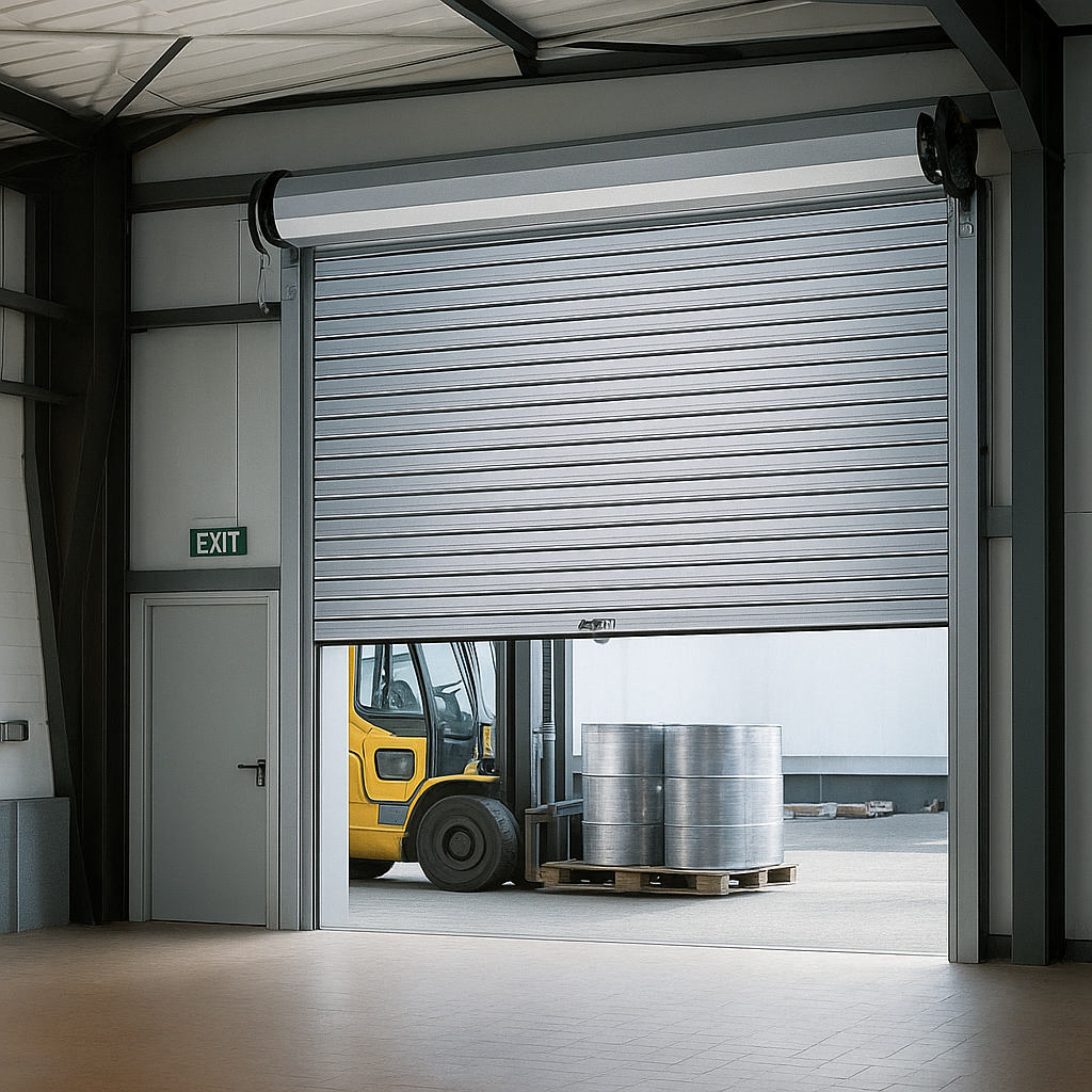 Roll-up commercial garage door installed in Huffman business facility