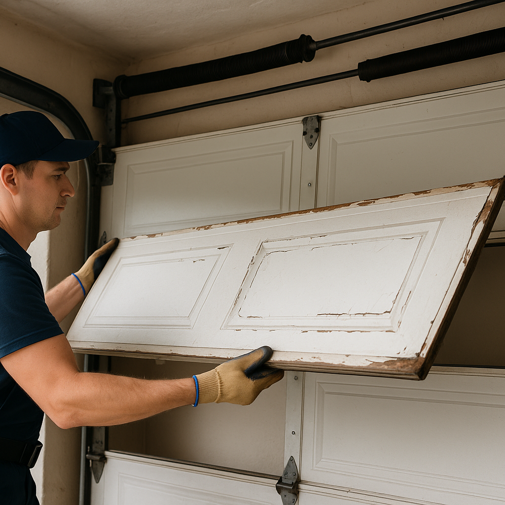 Technician removing old garage door before new installation in Spring TX