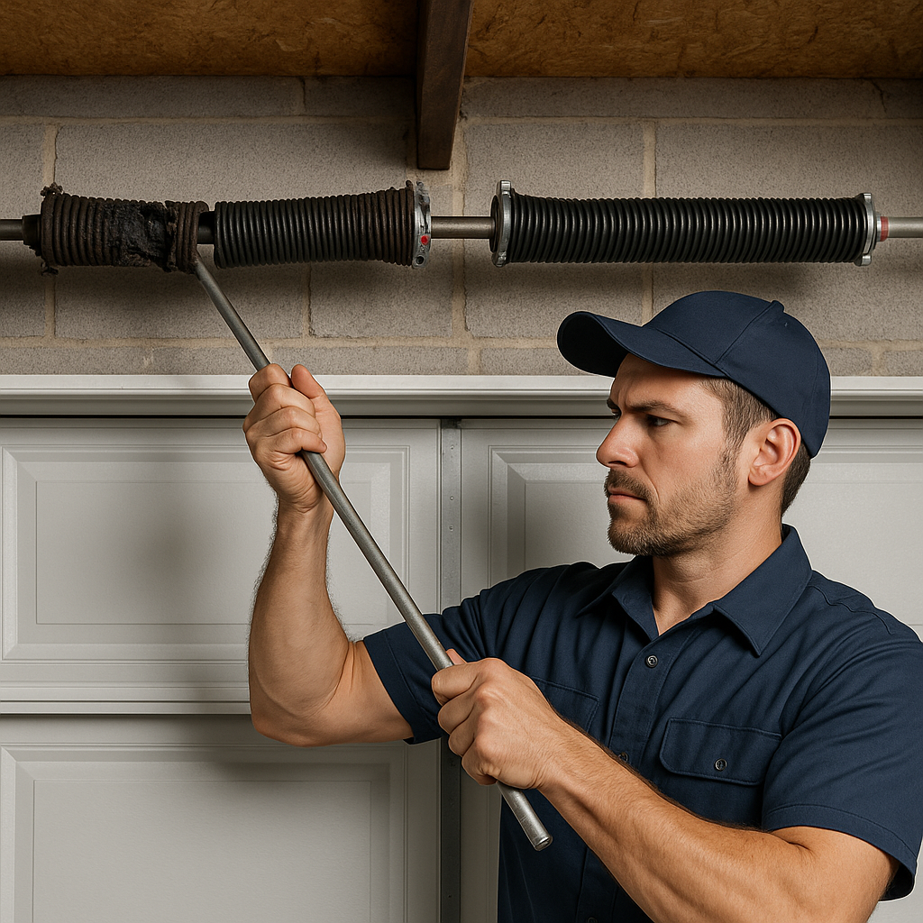 Technician repairing broken garage door spring in Spring Texas