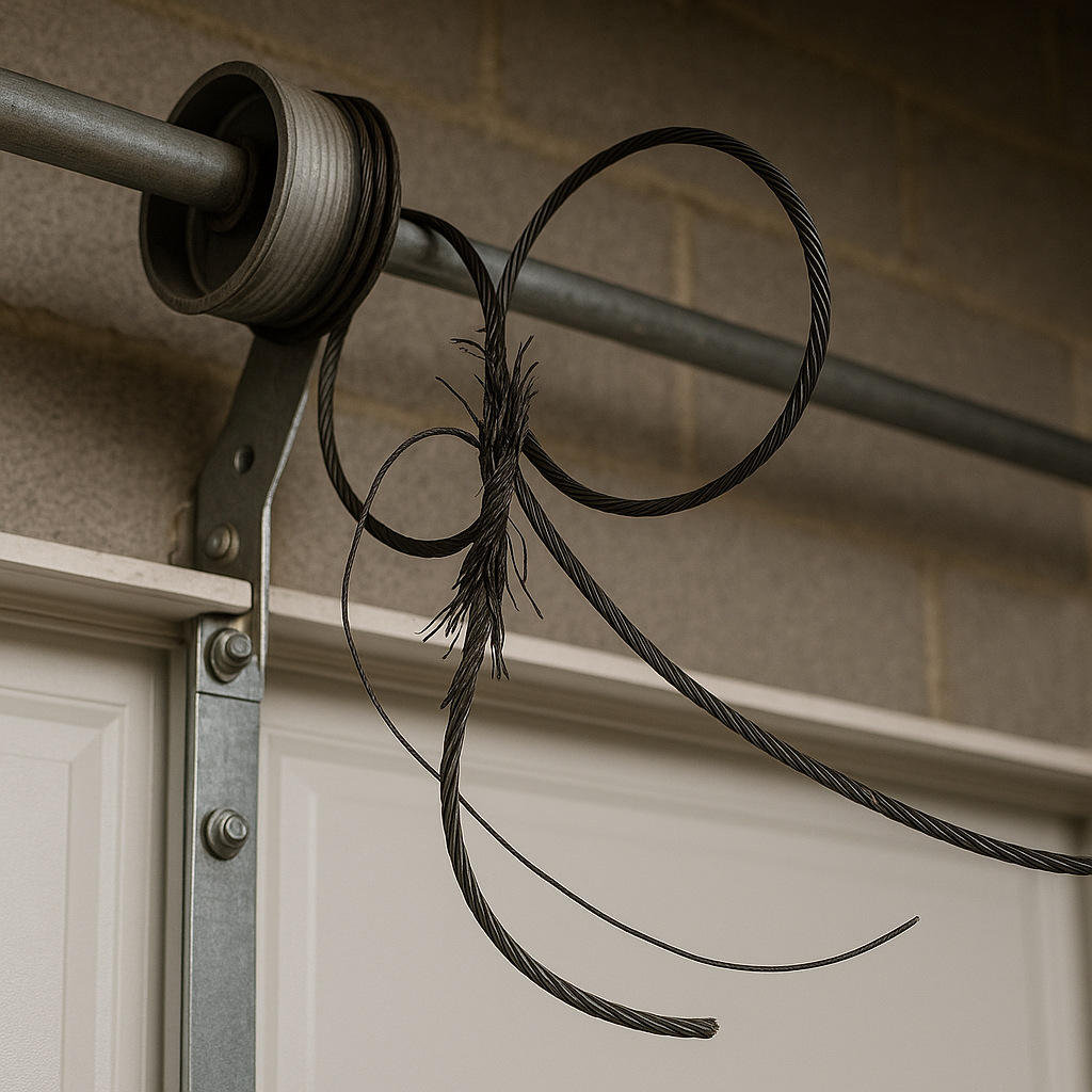 Garage door with unspooled cables requiring repair in Spring Texas