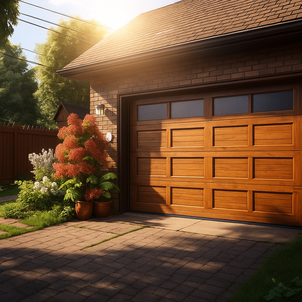 Custom wood garage door with natural grain finish installed in Huffman, TX